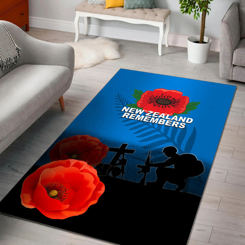 Blue area rug with red poppies, black silhouettes, and “New Zealand Remembers” text