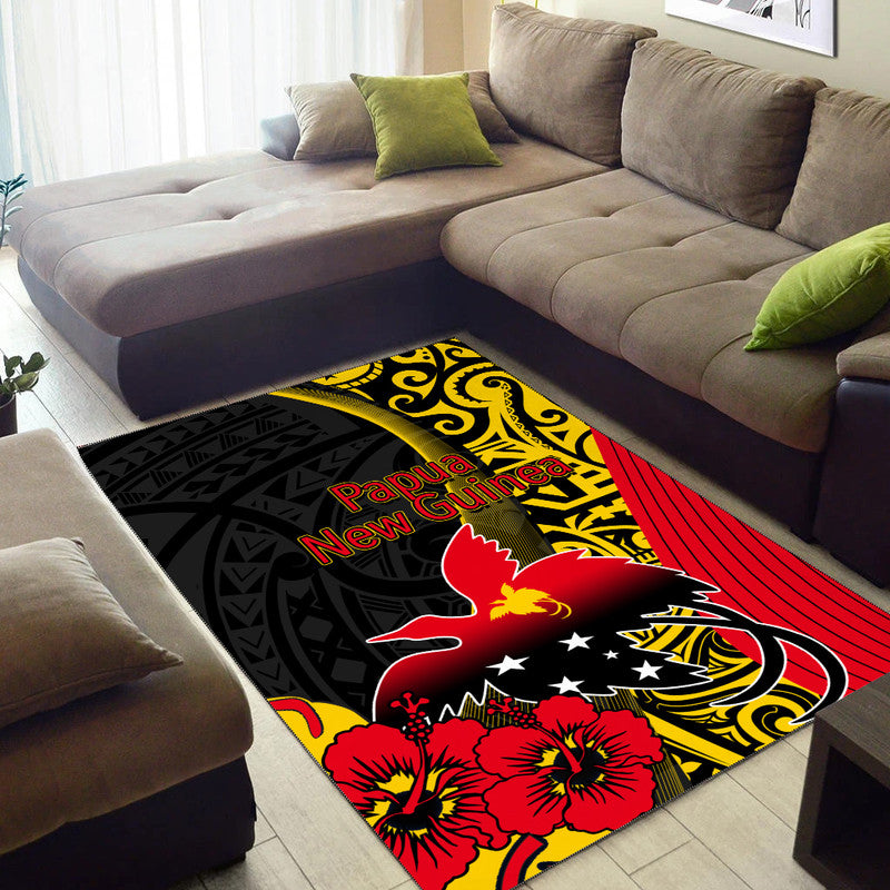 Black Papua New Guinea themed area rug with red bird, white stars, yellow scroll details