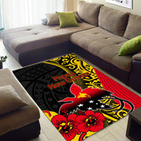 Black Papua New Guinea themed area rug with red bird, white stars, yellow scroll details