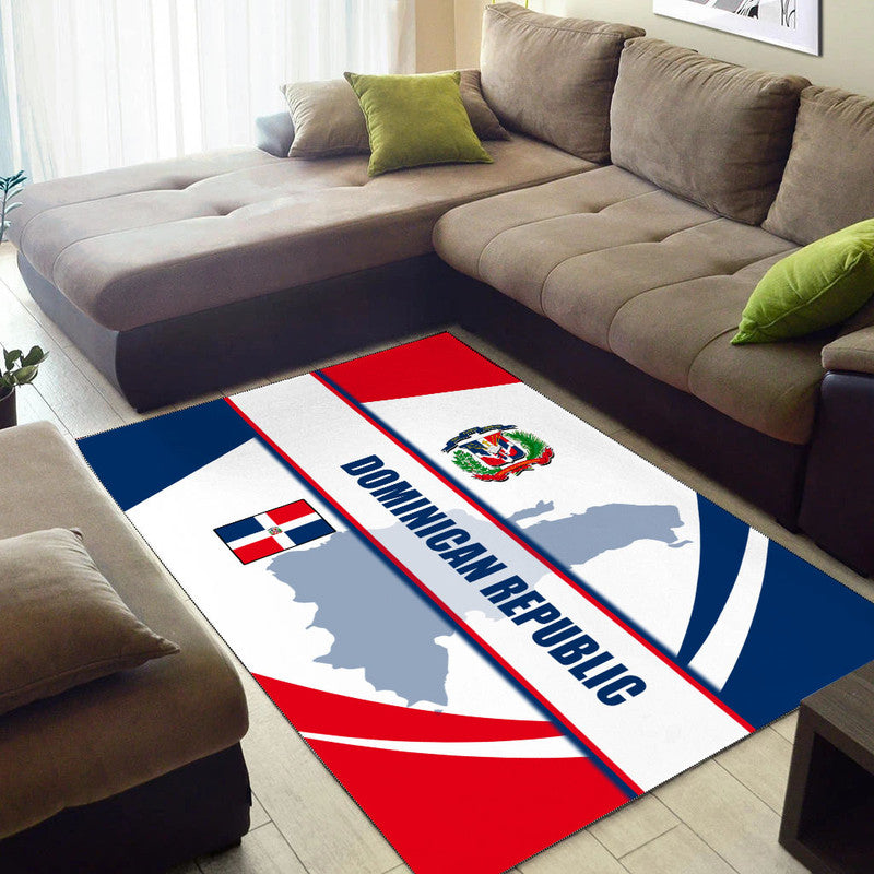 Dominican Republic themed area rug with red, white, and blue flag design