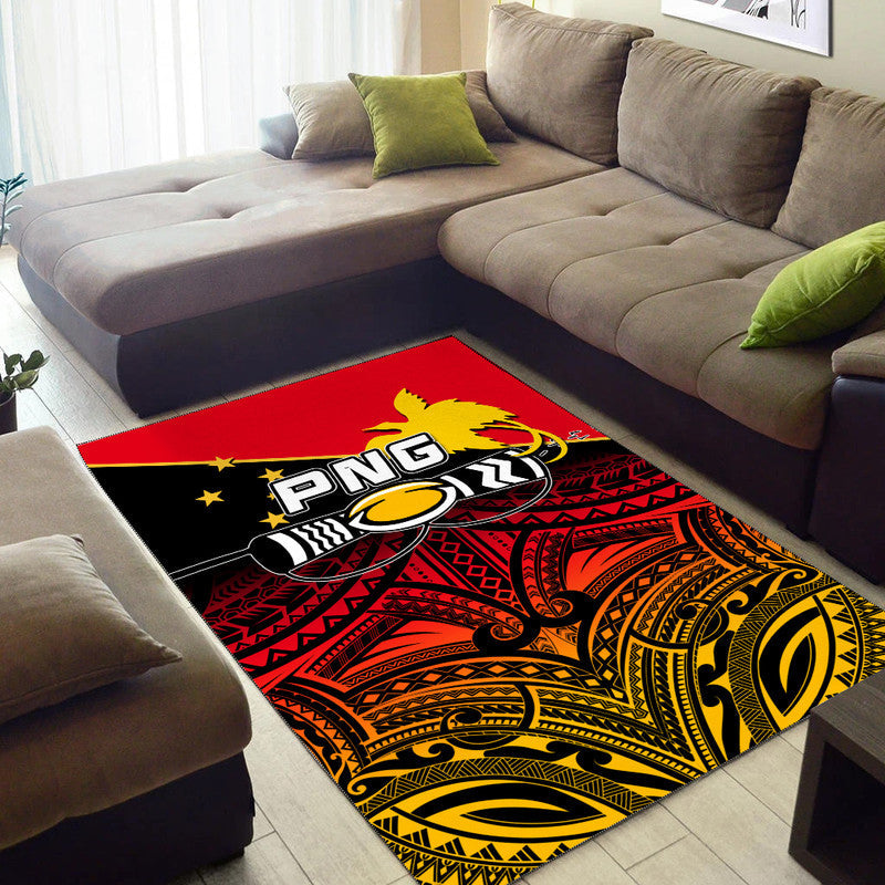 Red rugby area rug with PNG lion graphic and tribal swirls in black and yellow