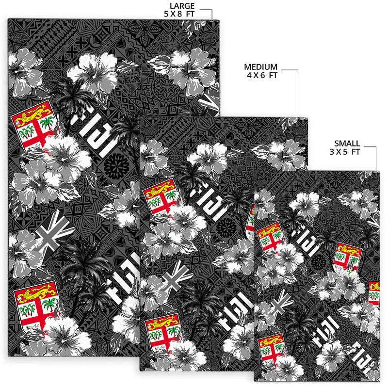 Black Hawaiian rug—hibiscus and flag motifs—shown in 3 sizes
