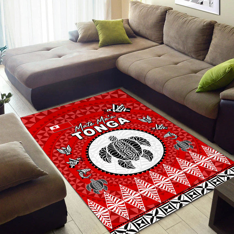 Red Tonga area rug on floor with geometric stripes, white oval centerpiece, black details