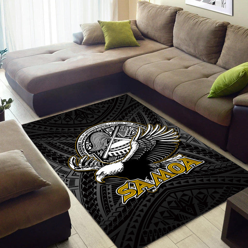 Black rug under sofa with bird crest center and bold 'Samoa' lettering, patterned