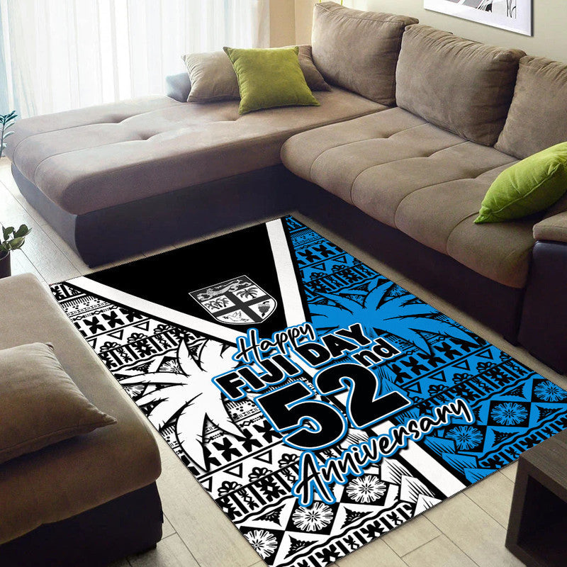 Area rug with "Happy Fiji Day 52nd Anniversary" text, blue/black tribal patterns