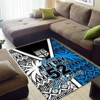 Area rug with "Happy Fiji Day 52nd Anniversary" text, blue/black tribal patterns