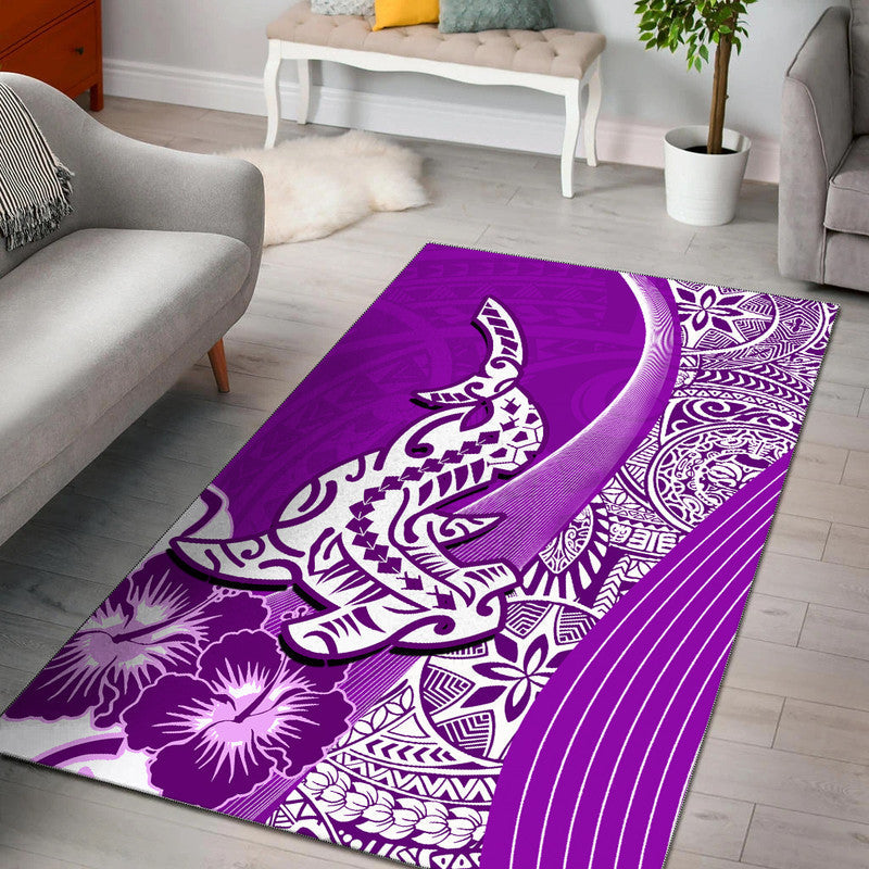 Purple Hawaiian shark polynesian style area rug with curved wave border and floral motifs