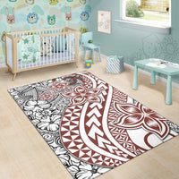White, red, and black Polynesian tribal rug with floral corner and geometric arrows