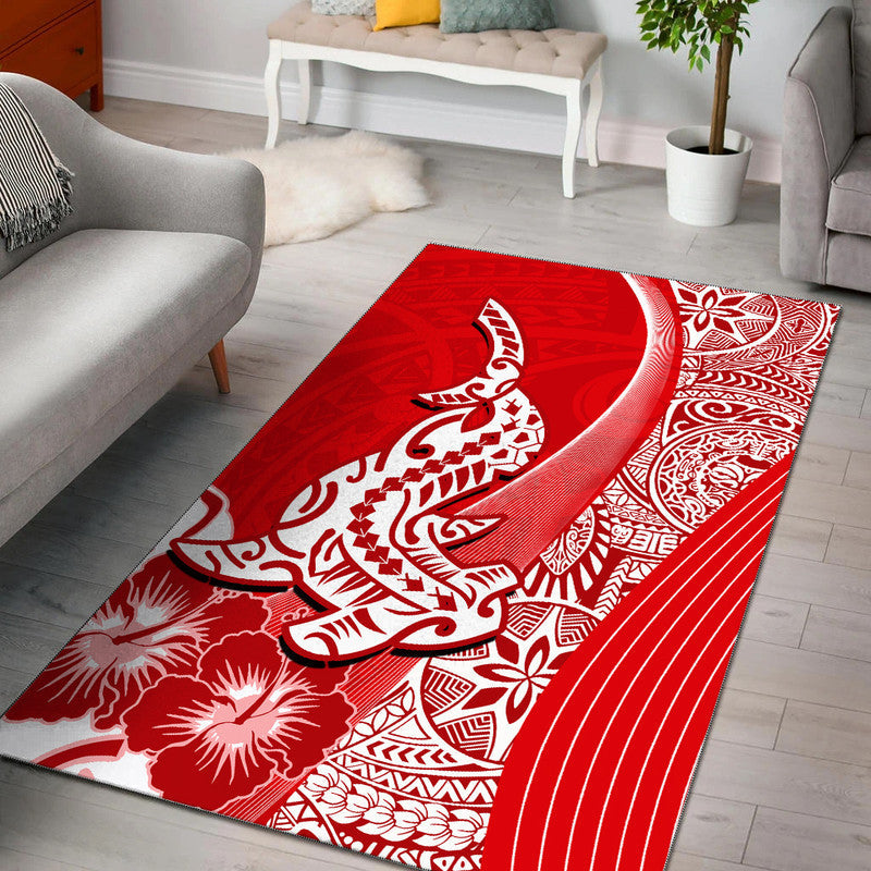 Red Polynesian area rug with white shark motif and floral geometric patterns