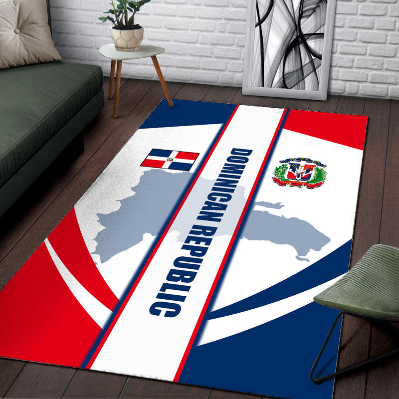 Dominican Republic area rug with central vertical stripe, map shapes, and crest