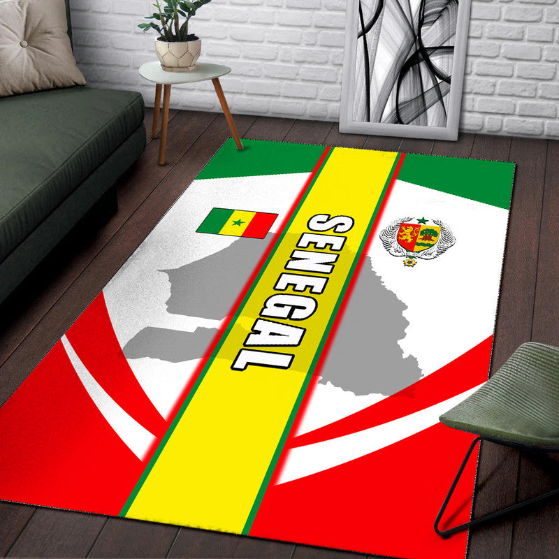 Senegal area rug with large flag design, bright green/yellow stripe, and red accents