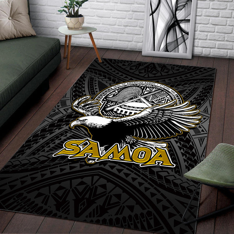 Black Samoa rug with winged crest and 'SAMOA' wordmark over dark geometric design