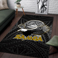 Black Samoa rug with winged crest and 'SAMOA' wordmark over dark geometric design