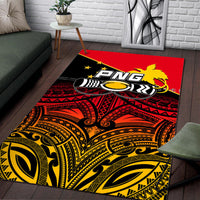 Red rugby area rug featuring PNG lion, PNG text, and tribal motifs in black/yellow