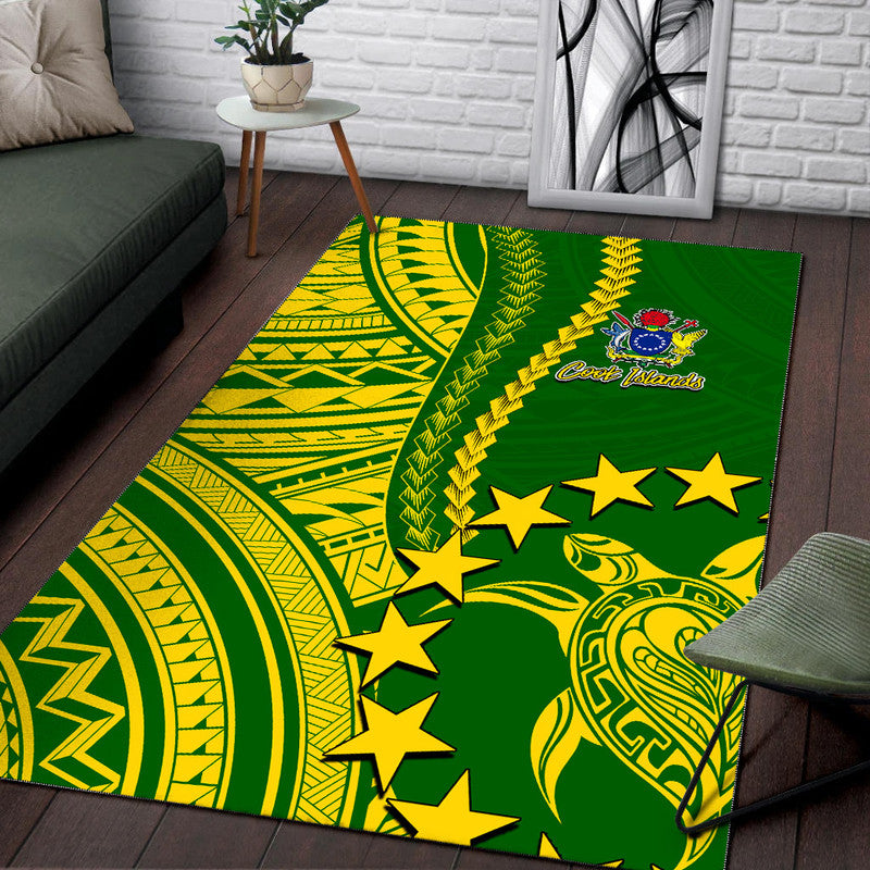 Green Polynesian area rug with yellow curves, geometric designs, and star accents