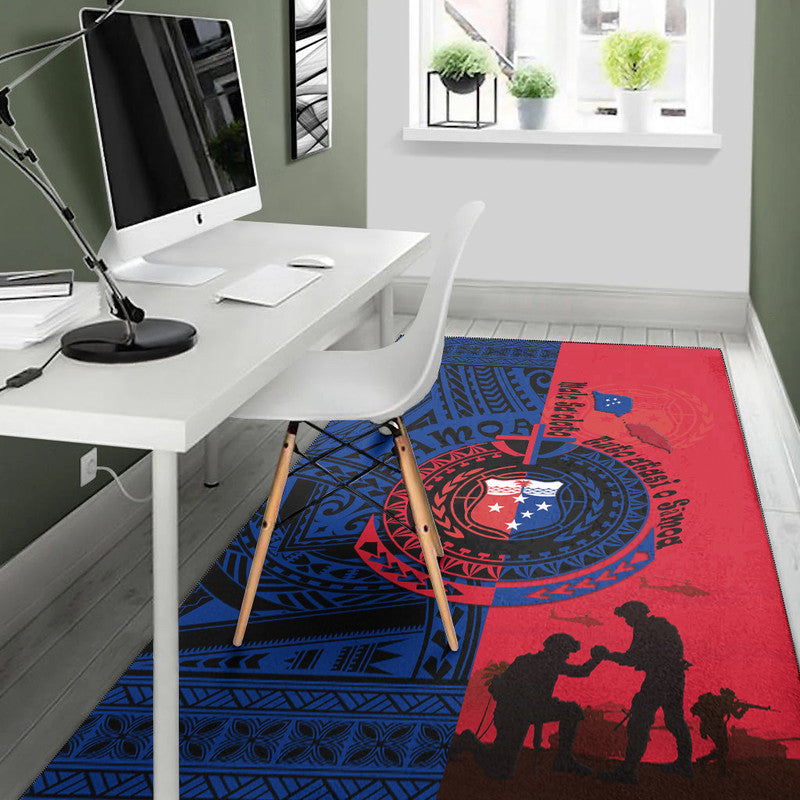 Office floor rug with blue geometric pattern, red section, circular emblem, and silhouettes
