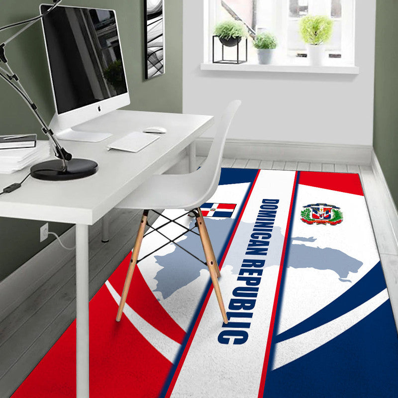 Dominican Republic area rug with red border, blue curves, and flag emblem