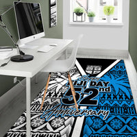 Area rug with "Happy Fiji Day 52nd Anniversary" text and blue "52" on tribal print
