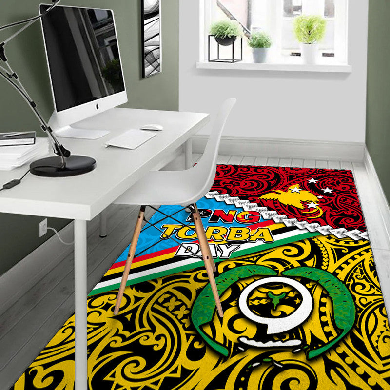 Multicolor PNG Torba Day area rug with red top section, blue band, and yellow decorative swirls.