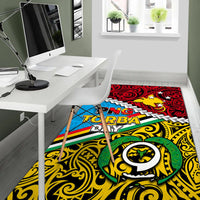 Multicolor PNG Torba Day area rug with red top section, blue band, and yellow decorative swirls.
