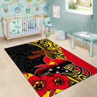 Black Papua New Guinea rug with red hibiscus flowers, yellow decorative motifs, and red stripes