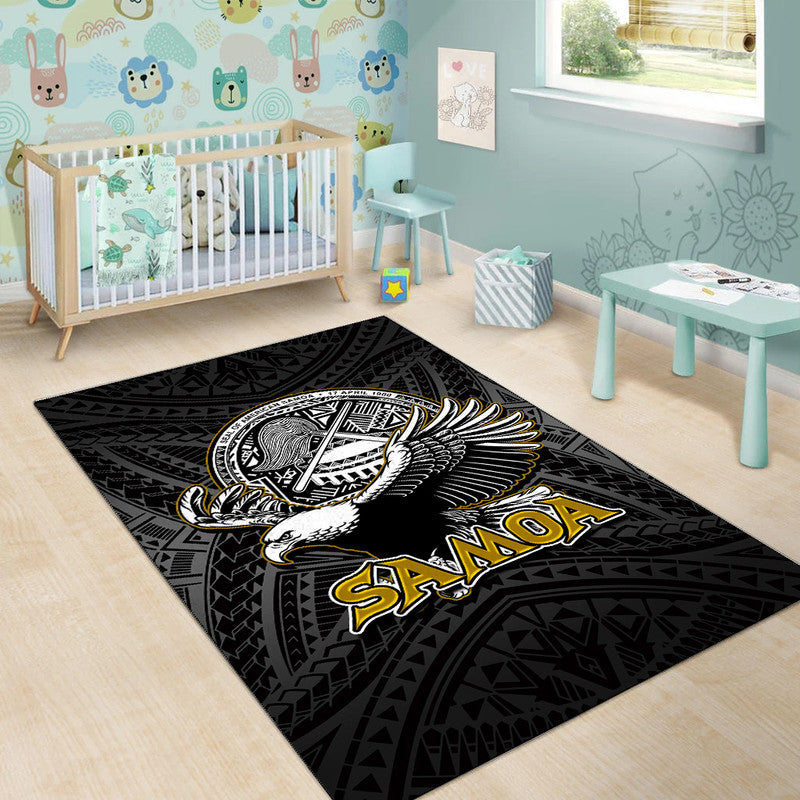 Black rug with winged bird crest and 'SAMOA' text, geometric tribal pattern