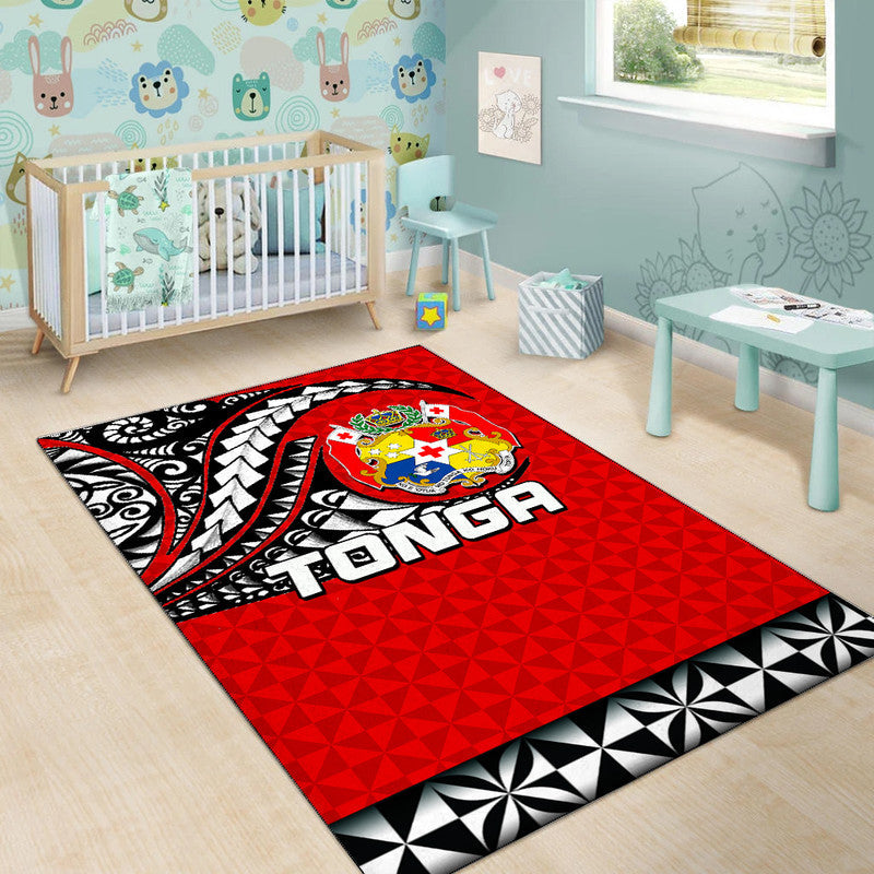 Red Tonga Polynesian tattoo rug with crest emblem and black-and-white “TONGA” lettering