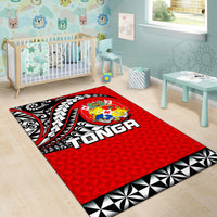 Red Tonga Polynesian tattoo rug with crest emblem and black-and-white “TONGA” lettering