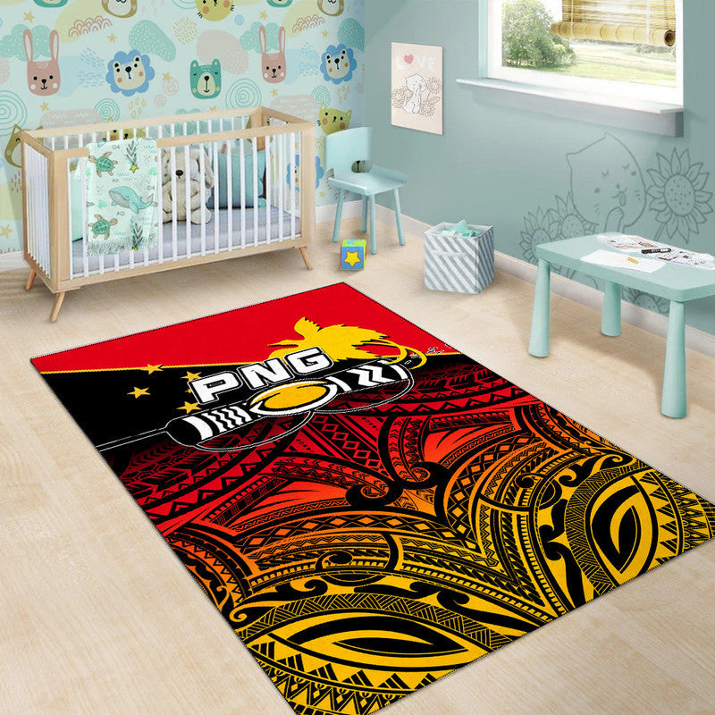 Red rugby area rug with PNG lion, stars, and tribal pattern in black and yellow