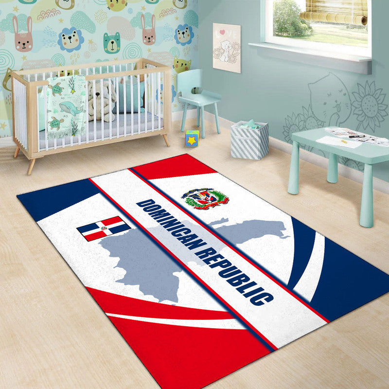 Dominican Republic area rug with large flag stripes, crest, and bold blue lettering