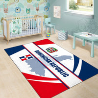 Dominican Republic area rug with large flag stripes, crest, and bold blue lettering