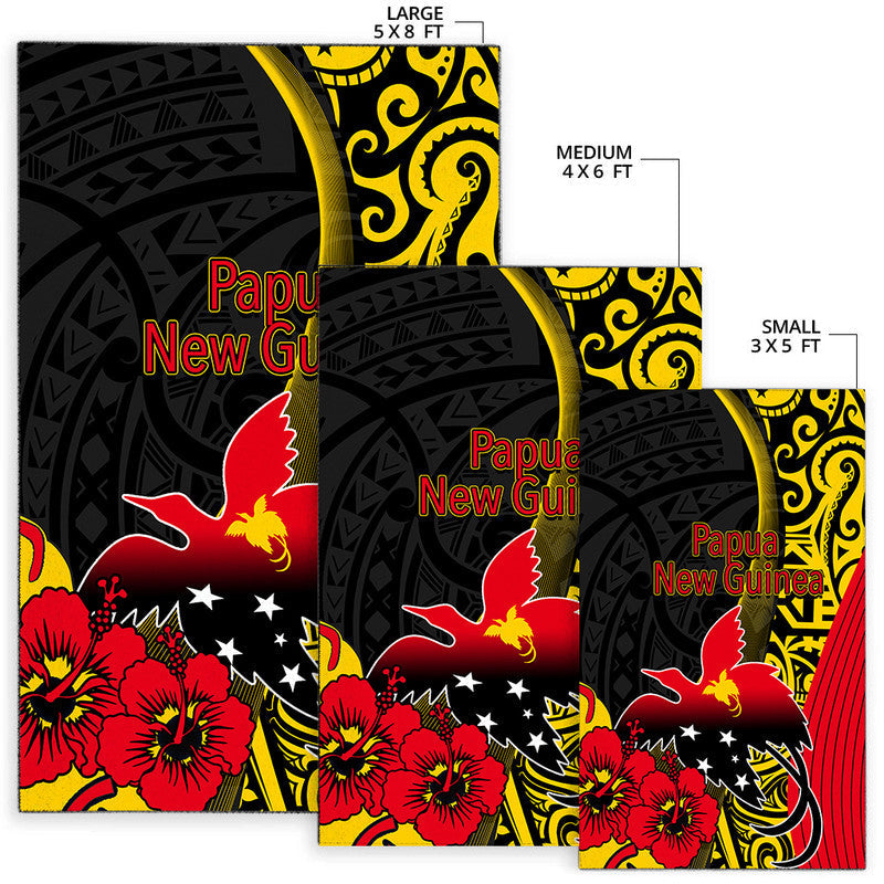 Set of Papua New Guinea graphic rugs showing small 3x5, medium 4x6, large 5x8 sizes