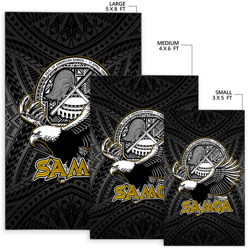 Black 'Samoa' rug size chart: small 3x5, medium 4x6, large 5x8 ft