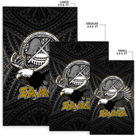 Black 'Samoa' rug size chart: small 3x5, medium 4x6, large 5x8 ft