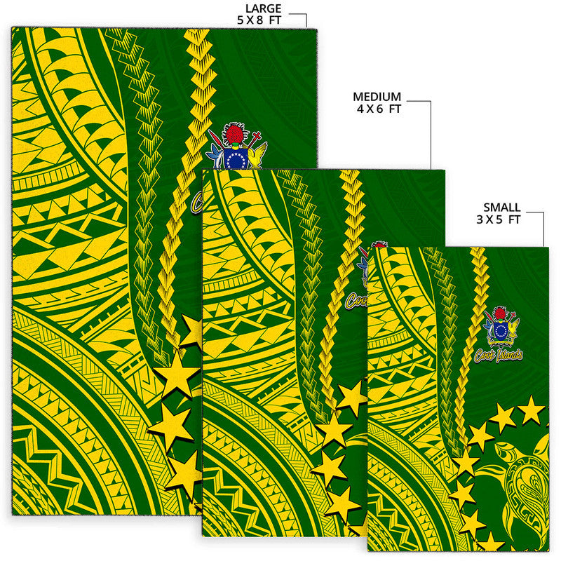 Green Polynesian area rug layout showing sizes: small 3x5, medium 4x6, large 5x8