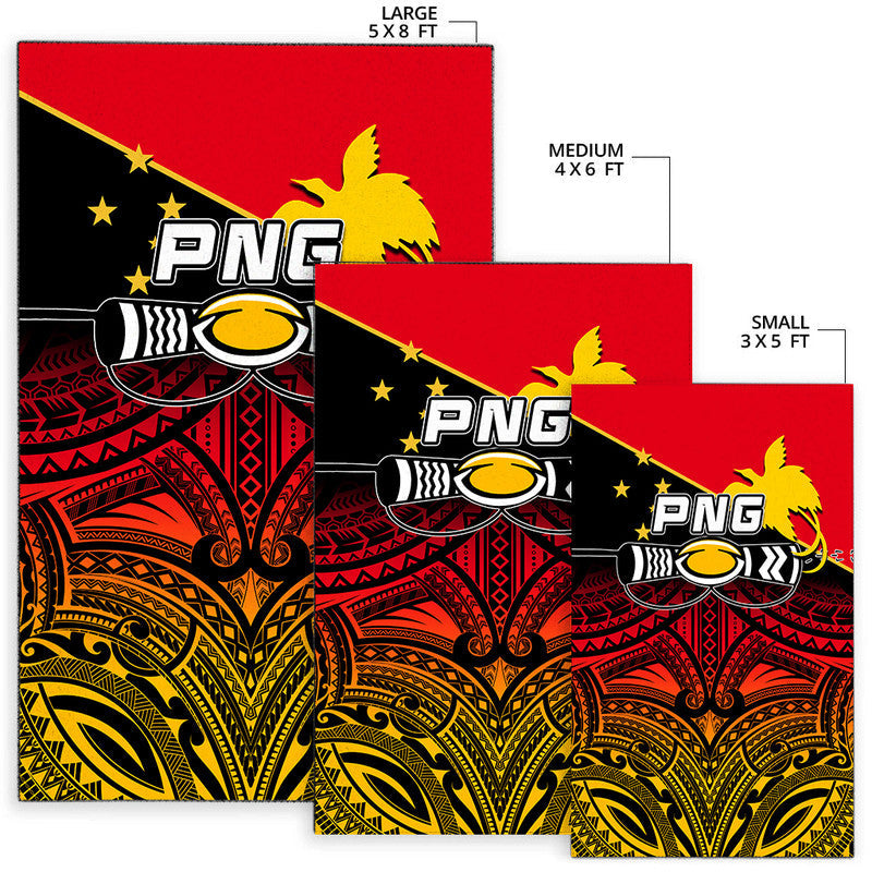 PNG rugby area rug sizes: large 5x8 ft, medium 4x6 ft, small 3x5 ft in red/black/yellow