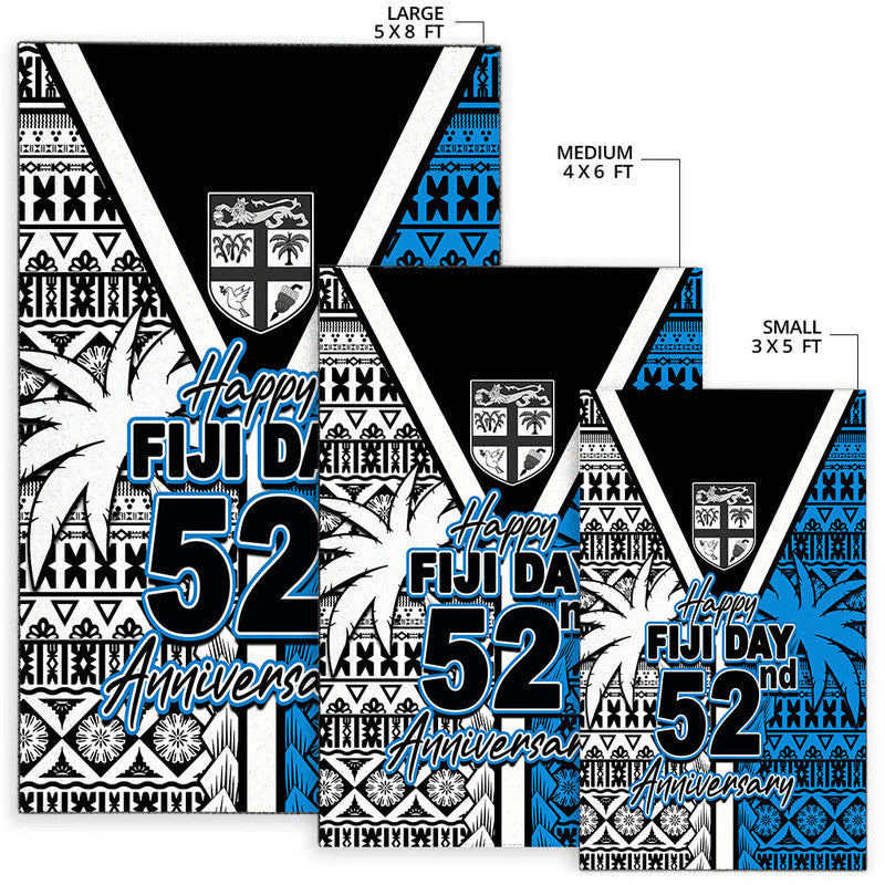 Fiji Day 52nd Anniversary rug with size labels: 3x5, 4x6, 5x8 ft