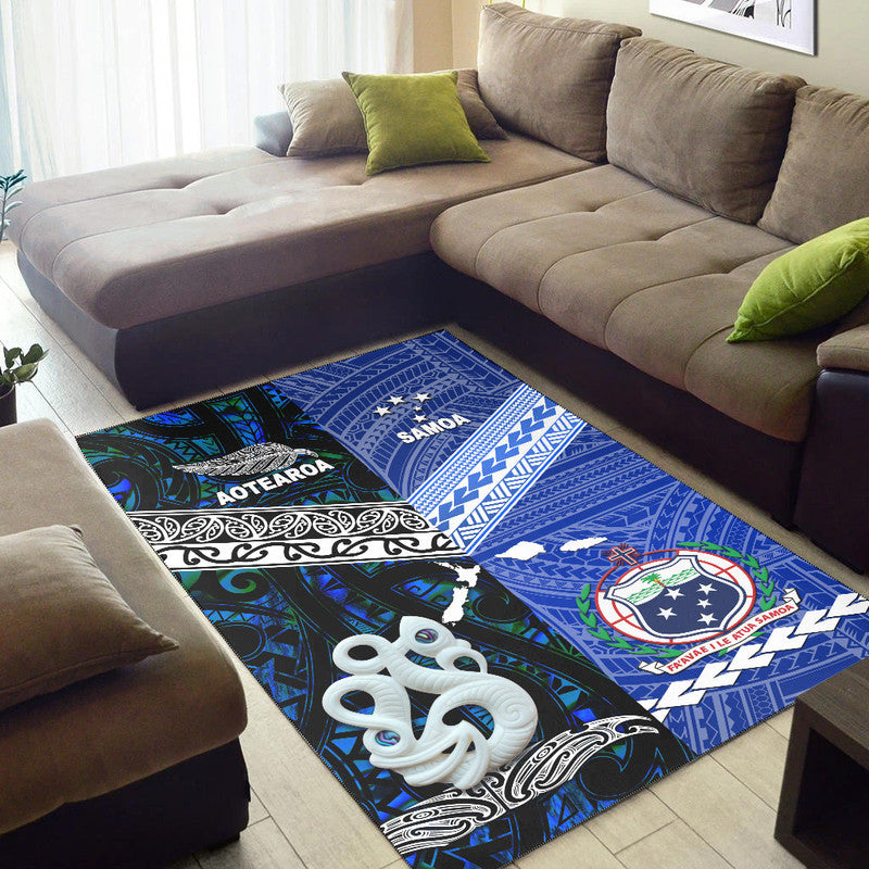 Blue Aotearoa & Samoa rug with white swirls and star crest