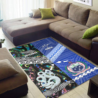 Polynesian themed area rug in blue and dark tones with Aotearoa and Samoa artwork