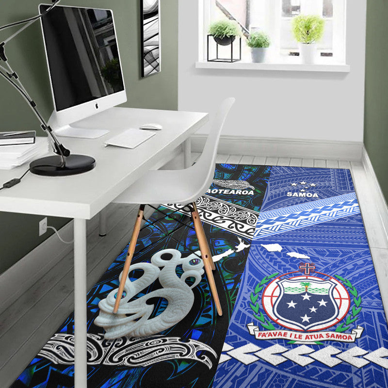 Blue Aotearoa & Samoa rug with star crest, cross accents, and white ornament