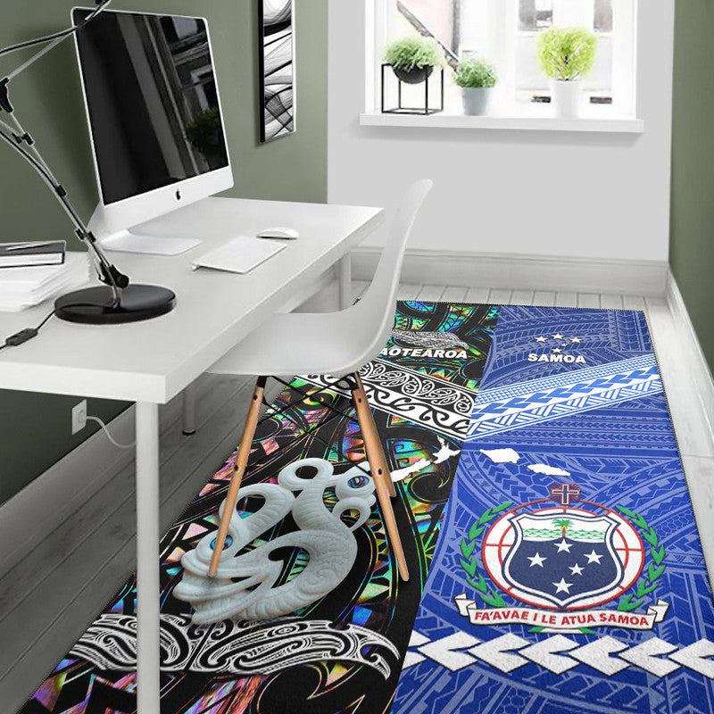 Multicolor Polynesian area rug with Aotearoa and Samoa graphics under dining table