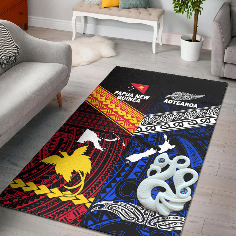 Blue tribal area rug with Papua New Guinea & Aotearoa graphics, white octopus on black