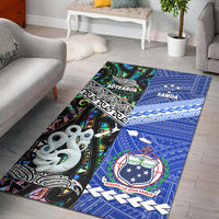 Area rug with colorful Polynesian map designs, black and blue sections, seashell detail