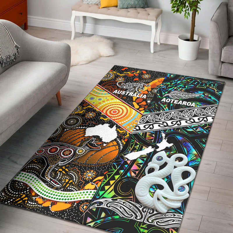 Black Australia & Aotearoa area rug with colorful animal motifs and tribal patterns
