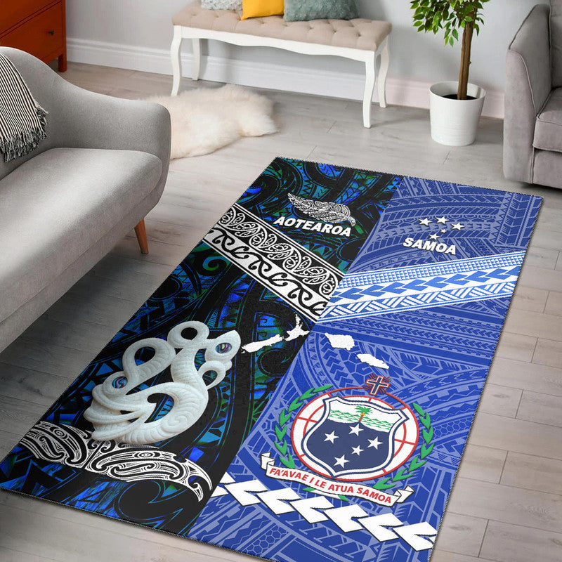 Blue Aotearoa & Samoa rug with tribal patterns and bold icons