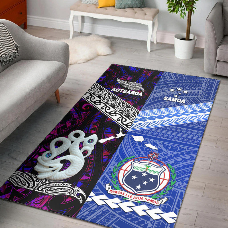 Purple/blue Aotearoa Samoa area rug with tribal patterns and white emblem text