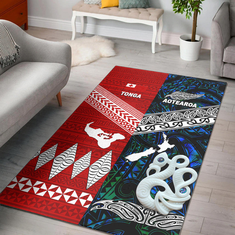 Blue and red Polynesian pattern area rug with Tonga and Aotearoa graphics