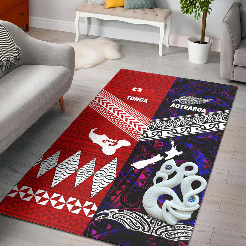 Purple area rug with red and navy tribal panels, white silhouettes and wave motifs