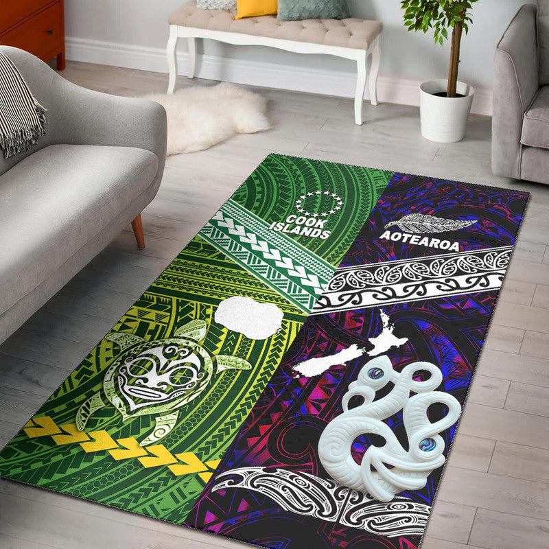 Multicolor area rug with Cook Islands and Aotearoa text, green tribal patterns, dark purple