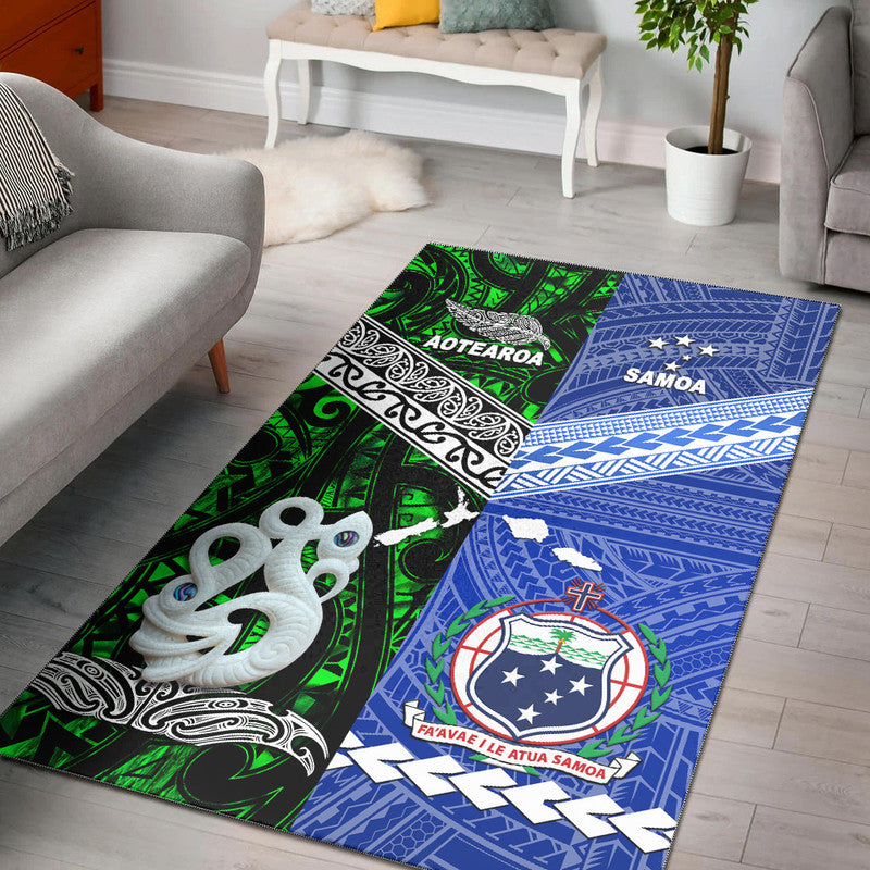 Green and blue area rug with Aotearoa and Samoa map graphic, tribal pattern